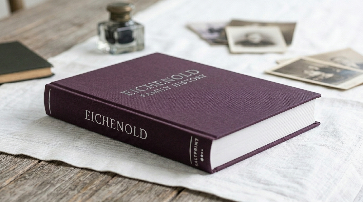 A cloth-bound book in deep aubergine lying closed on a linen runner over a bare wooden table. The cover is blocked in silver: EICHENOLD FAMILY HISTORY. The spine reads EICHENOLD, with SALTPRINT and three diminishing dots at its foot. Beside it sit an inkwell, a dark notebook, and several loose nineteenth-century photographs.
