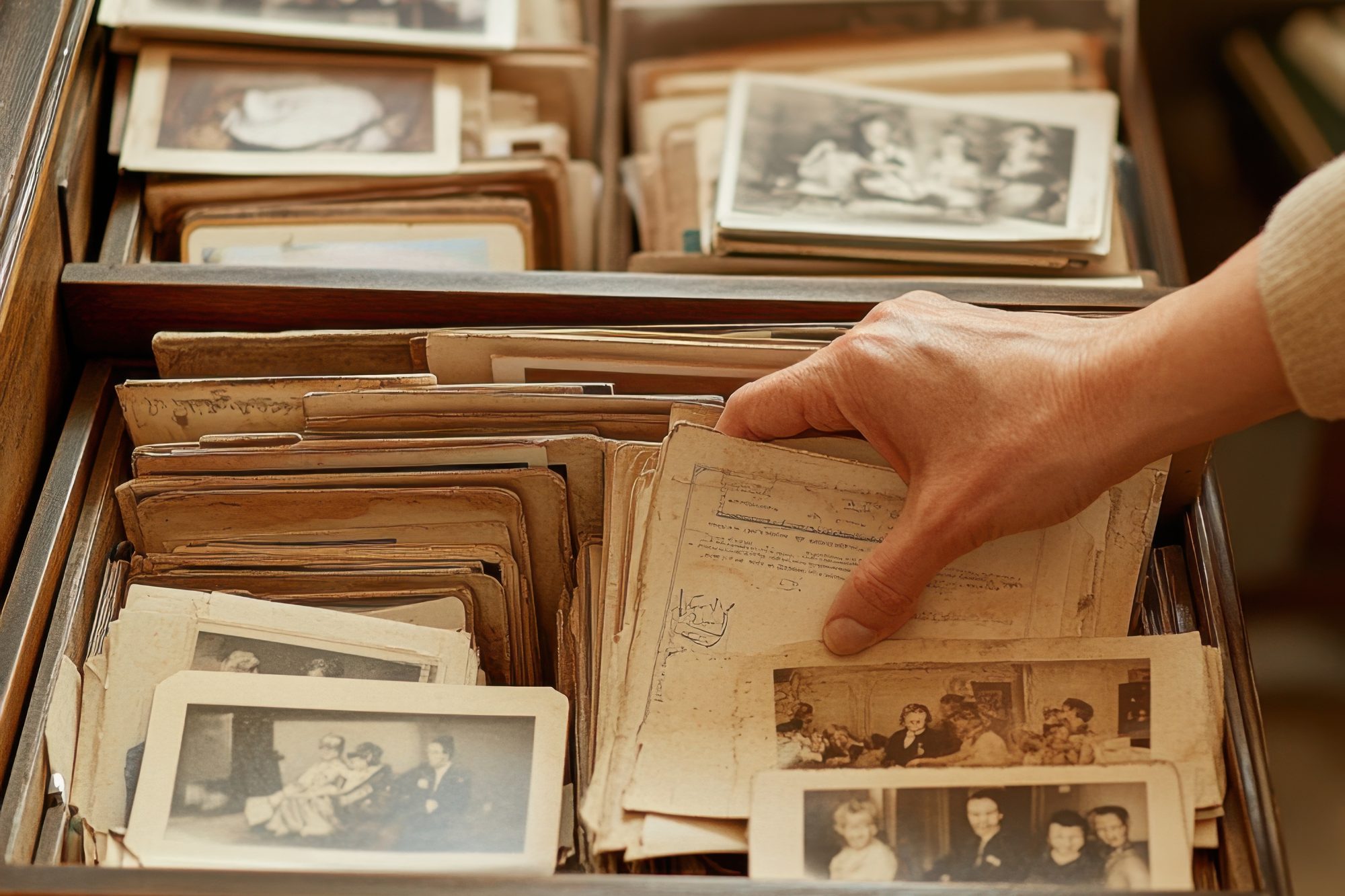 An open wooden drawer of family papers, part-sorted. A hand lifts a folded document covered in faded handwriting. Around it, black-and-white photographs lie loose among stacks of letters and cards, several still in card mounts with worn corners. A second drawer above holds more of the same, packed upright.