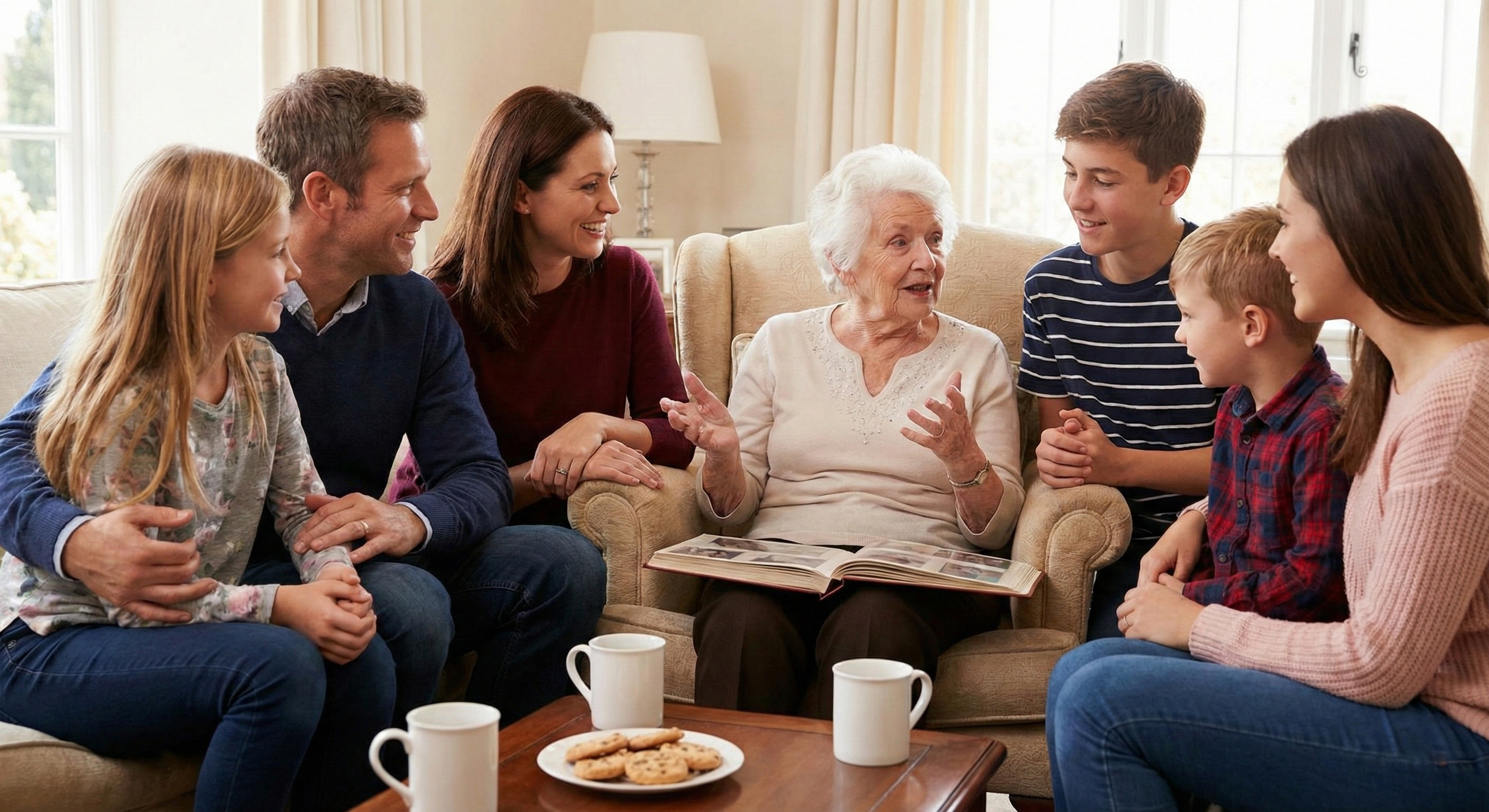 Three generations of a family sitting together on and around a sofa in a living room, turned toward an elderly woman in the center who is talking with her hands raised. An open photograph album rests on her lap. Cups of tea sit on the low table in front of them.
